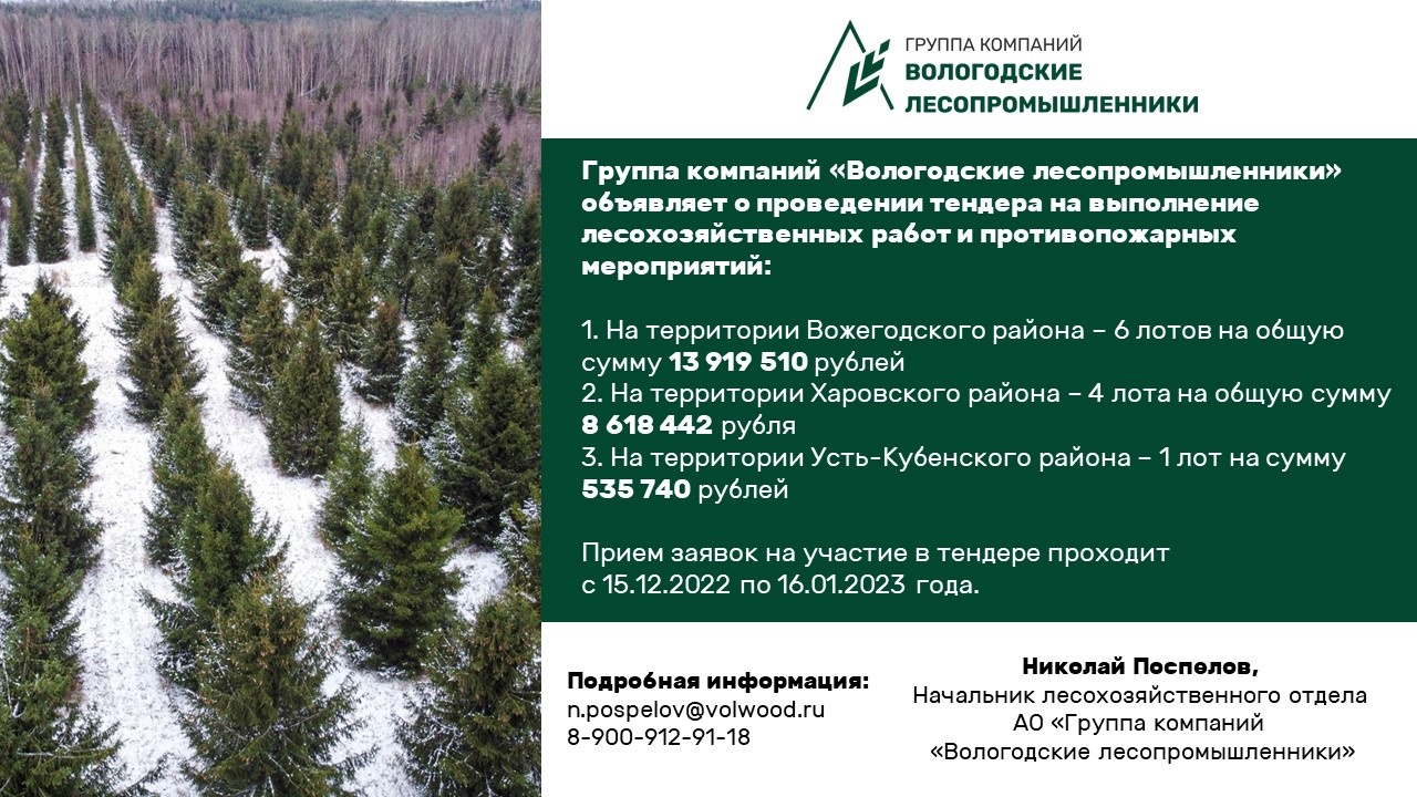 Группа компаний «Вологодские лесопромышленники» объявляет о проведении тендера на выполнение лесохозяйственных работ и противопожарных мероприятий