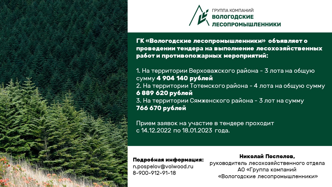 ГК «Вологодские лесопромышленники» объявляет о проведении тендера на выполнение лесохозяйственных работ и противопожарных мероприятий