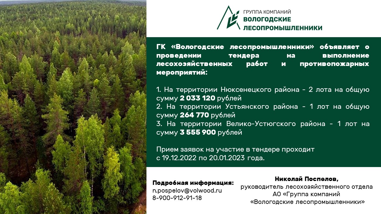ГК «Вологодские лесопромышленники» объявляет о проведении тендера на выполнение лесохозяйственных работ и противопожарных мероприятий